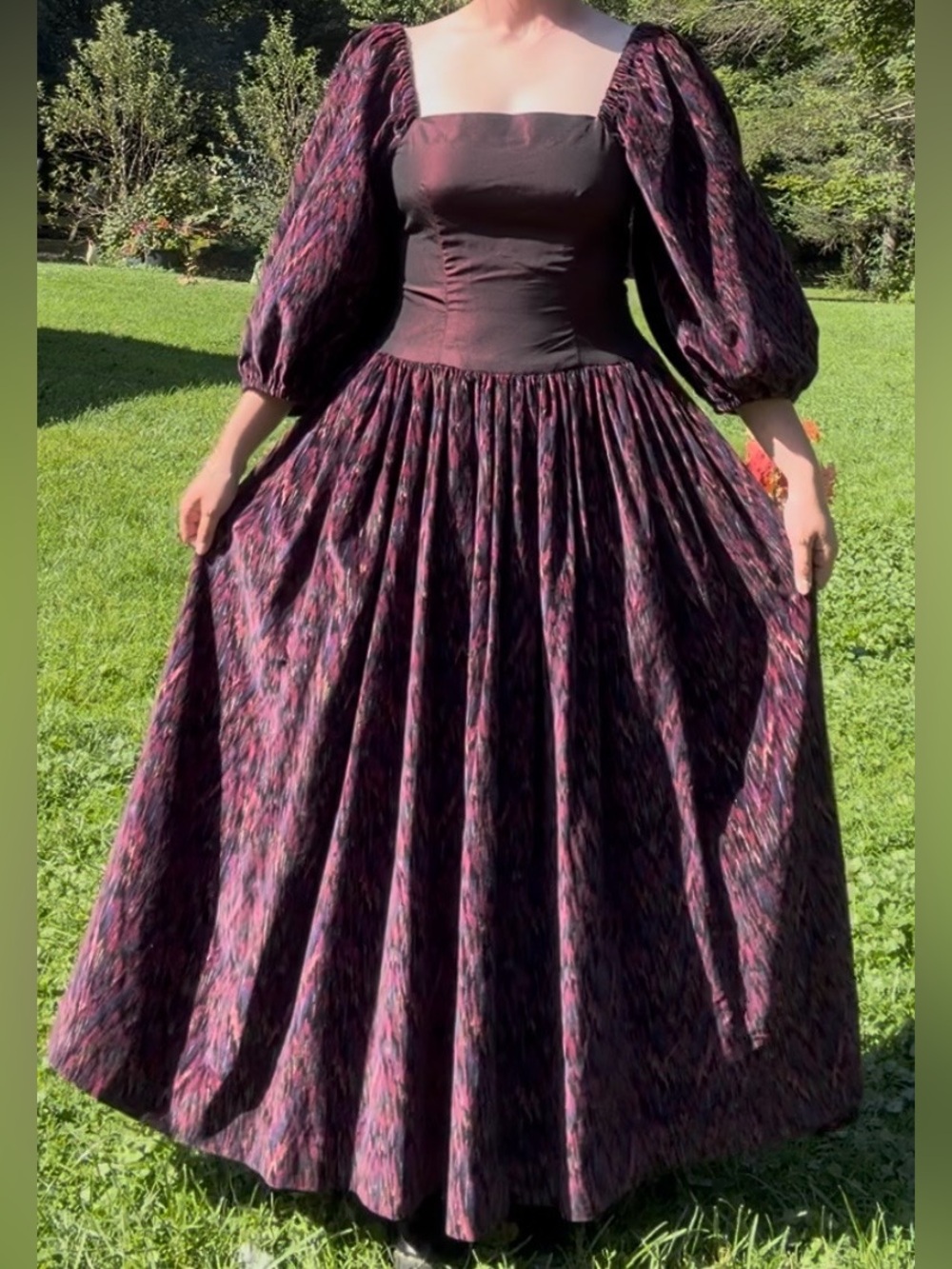 Women's Burgundy and Black Printed Puff-Sleeve Maxi Dress